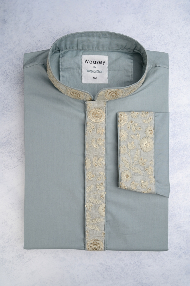 Grey Panjabi with Embroidered Motifs